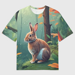 Мужская футболка оверсайз Заяц в пасмурном лесу