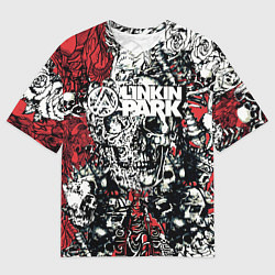 Футболка оверсайз мужская Linkin Park на фоне татуировки черепов и скелетов, цвет: 3D-принт