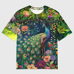 Мужская футболка оверсайз Павлин в саду