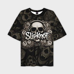 Мужская футболка оверсайз Slipknot на фоне черепа в очках и наушниках