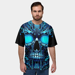 Футболка оверсайз мужская Неоновый кибер череп - нейроарт микросхема, цвет: 3D-принт — фото 2