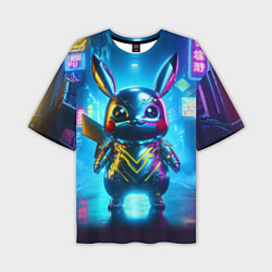 Футболка оверсайз мужская Neon cyber Pikachu made of metal steel - ai art, цвет: 3D-принт