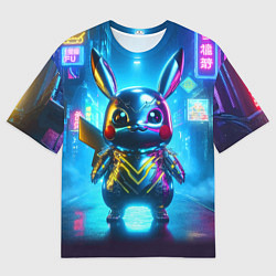 Мужская футболка оверсайз Neon cyber Pikachu made of metal steel - ai art