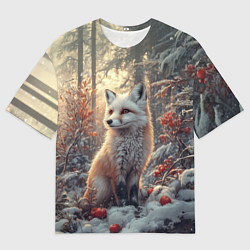 Мужская футболка оверсайз Лис в зимнем лесу
