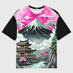 Мужская футболка оверсайз Японский вулкан и деревья