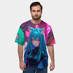Футболка оверсайз мужская Девушка-кошка в стиле киберпанк, цвет: 3D-принт — фото 2