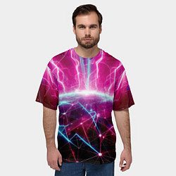 Футболка оверсайз мужская Неоновые молнии ударяют в планету - нейроарт, цвет: 3D-принт — фото 2