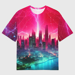 Футболка оверсайз мужская Неоновая гроза в мегаполисе - удар молнии, цвет: 3D-принт