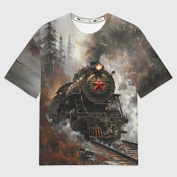 Футболка оверсайз мужская Паровоз в осеннем лесу, цвет: 3D-принт