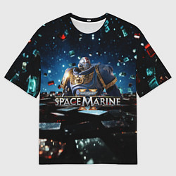 Мужская футболка оверсайз Warhammer 40000 space marine 2 ультрамарин в броне