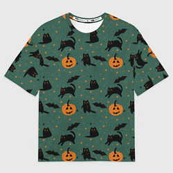 Футболка оверсайз мужская Хэллоуин и черный кот, цвет: 3D-принт