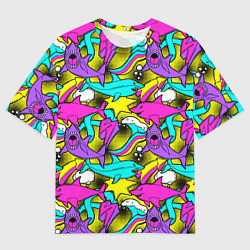 Мужская футболка оверсайз Цветные акулы паттерн