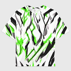 Футболка оверсайз мужская Чёрно-зелёные агрессивные полосы на белом фоне, цвет: 3D-принт