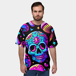 Футболка оверсайз мужская Мексиканский череп и мухомор - неоновое свечение, цвет: 3D-принт — фото 2