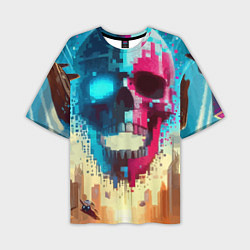 Мужская футболка оверсайз Cool vanguard neon cyber skull - ai art