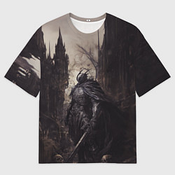 Мужская футболка оверсайз Тёмный рыцарь на фоне готической крепости