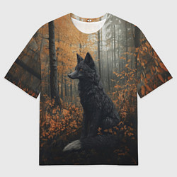 Мужская футболка оверсайз Черный лис в осеннем лесу