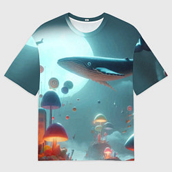 Мужская футболка оверсайз Плывущий по небу кит среди грибов - фантазия