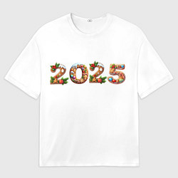 Футболка оверсайз мужская Надпись новогодняя 2025 из пряников, цвет: 3D-принт