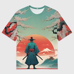 Мужская футболка оверсайз Яркий самурай на закате