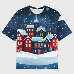 Мужская футболка оверсайз Снежная новогодняя ночь над городом