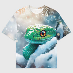 Мужская футболка оверсайз Зеленая змейка на заснеженной ветке