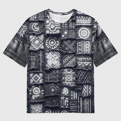 Футболка оверсайз мужская Африканские узоры на пэчворк дениме, цвет: 3D-принт