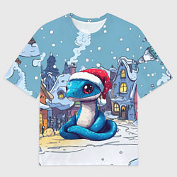 Мужская футболка оверсайз Синяя змея в новогоднем городе
