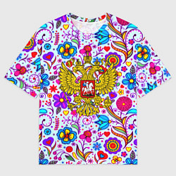 Футболка оверсайз мужская Россия гжель нерб, цвет: 3D-принт