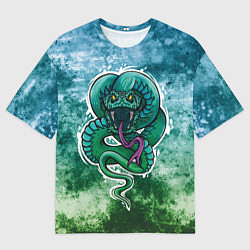 Мужская футболка оверсайз Агрессивная зеленая змея на абстрактном фоне