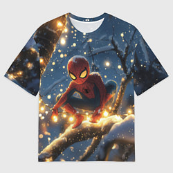 Мужская футболка оверсайз Человек-паук на новогодней елке