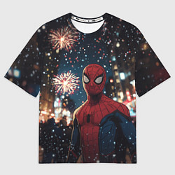 Футболка оверсайз мужская Человек-паук и новогодний салют, цвет: 3D-принт