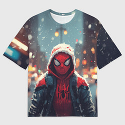 Футболка оверсайз мужская Человек-паук под снегопадом - новогодний город, цвет: 3D-принт