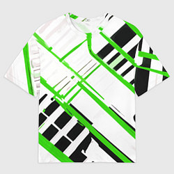 Футболка оверсайз мужская Зелёно-чёрные полосы на белом фоне, цвет: 3D-принт