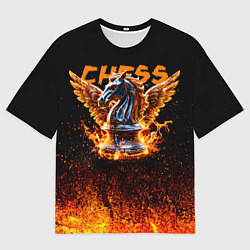 Мужская футболка оверсайз Шахматный крылатый конь в огне