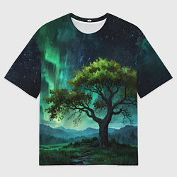Футболка оверсайз мужская Северное сияние и дерево, цвет: 3D-принт