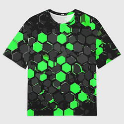 Футболка оверсайз мужская Зелёно-серые шестиугольники на чёрном фоне, цвет: 3D-принт