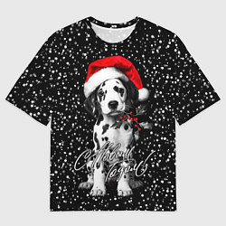 Мужская футболка оверсайз Далматинец в шапке Деда Мороза