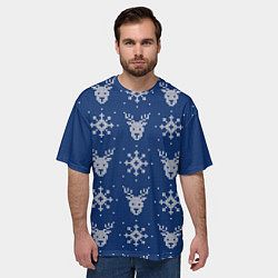 Футболка оверсайз мужская Синий вязаный паттерн с оленями, цвет: 3D-принт — фото 2