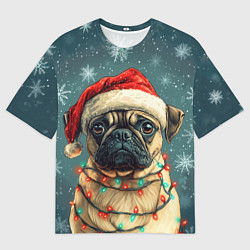 Мужская футболка оверсайз Новогодний мопс в гирлянде