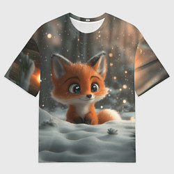 Мужская футболка оверсайз Лисичка удивляется снегу