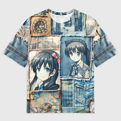 Футболка оверсайз мужская Пэчворк деним и аниме, цвет: 3D-принт