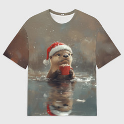 Мужская футболка оверсайз Новогодняя выдра с кружкой кофе