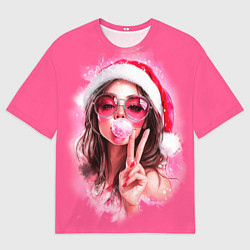 Мужская футболка оверсайз Девушка в шапке Санты надувает жвачку