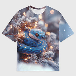 Мужская футболка оверсайз Синяя змея в снежной елке