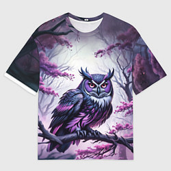 Футболка оверсайз мужская Черно фиолетовая сова сидит на ветке, цвет: 3D-принт