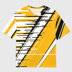 Футболка оверсайз мужская Чёрно-белые глитч полосы на жёлтом фоне, цвет: 3D-принт