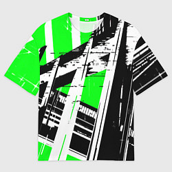 Футболка оверсайз мужская Чёрно-белые абстрактные линии на зелёном фоне, цвет: 3D-принт