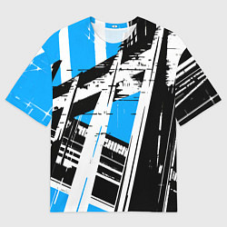 Футболка оверсайз мужская Чёрно-белые абстрактные линии на синем фоне, цвет: 3D-принт