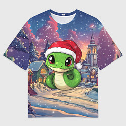 Мужская футболка оверсайз Маленькая змейка в новогодней шапочке